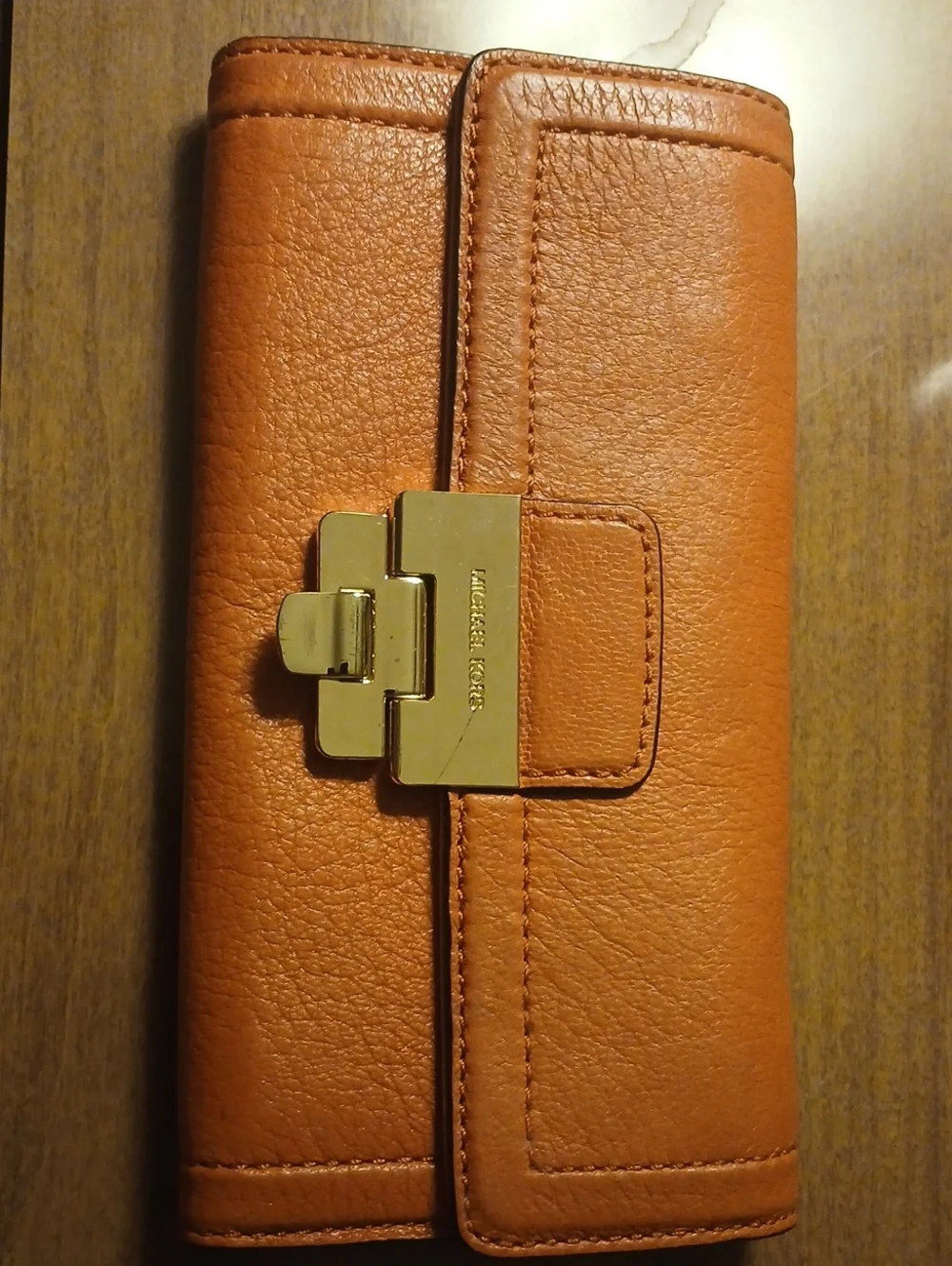 Michael Kors Orange-Brown Leather Continental Wallet with Gold Hardware
